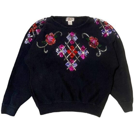 Vintage Sequin Appliqué Sweater Floral 80s Dolman Medium Petite - Picture 1 of 7